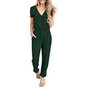 PRETTYGARDEN Deep V Neck Short Sleeve Wrap Drawstring Waist Jumpsuit Romper S